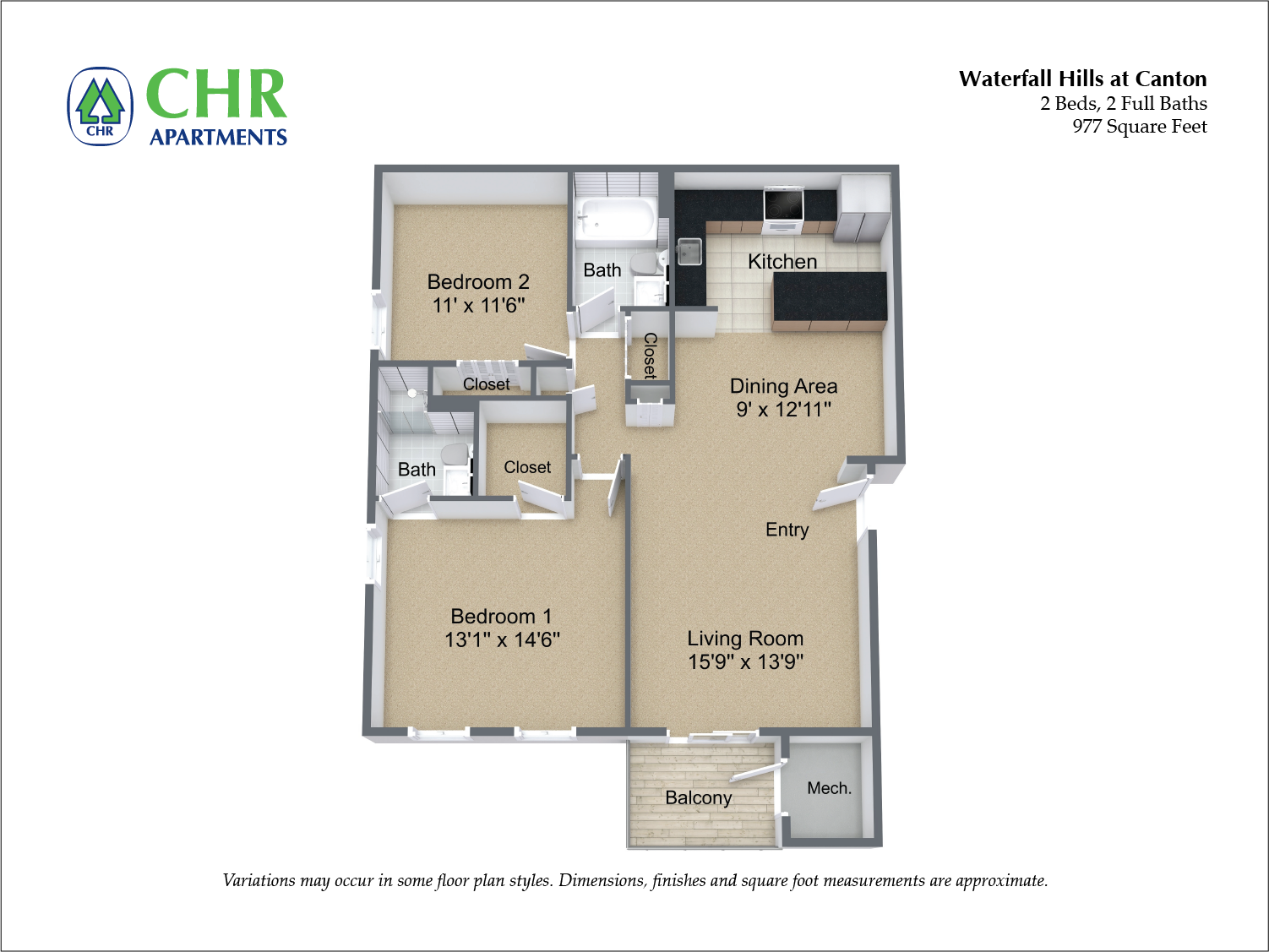 Floor plan for 2 beds, 2 baths, 977 sqft